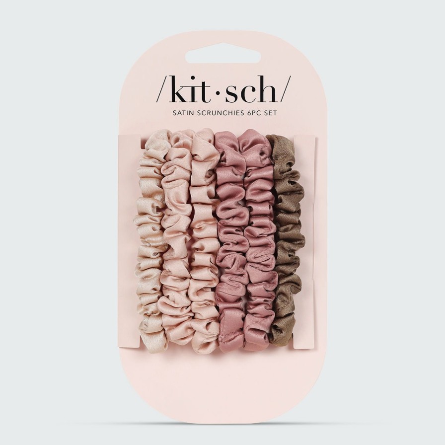 Accessories Kitsch | Ultra Petite Satin Scrunchies 6Pc - Terracotta