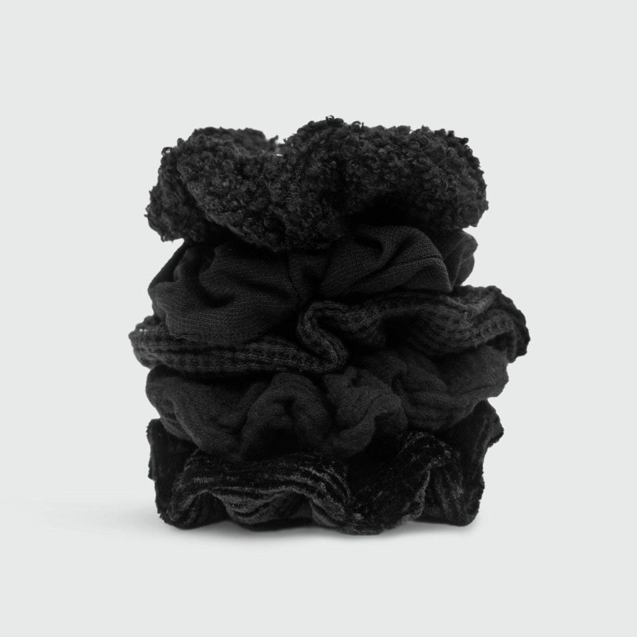 Accessories Kitsch | Assorted Textured Scrunchies 5Pc - Black