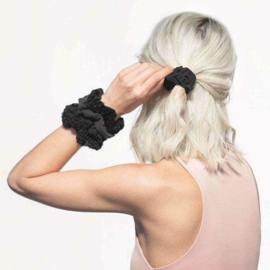 Accessories Kitsch | Assorted Textured Scrunchies 5Pc - Black